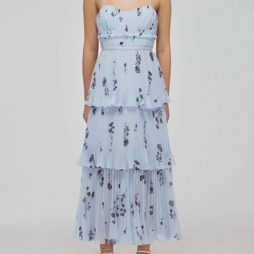Self Portrait Blue Floral Sleeveless Chiffon Tiered Midi Dress